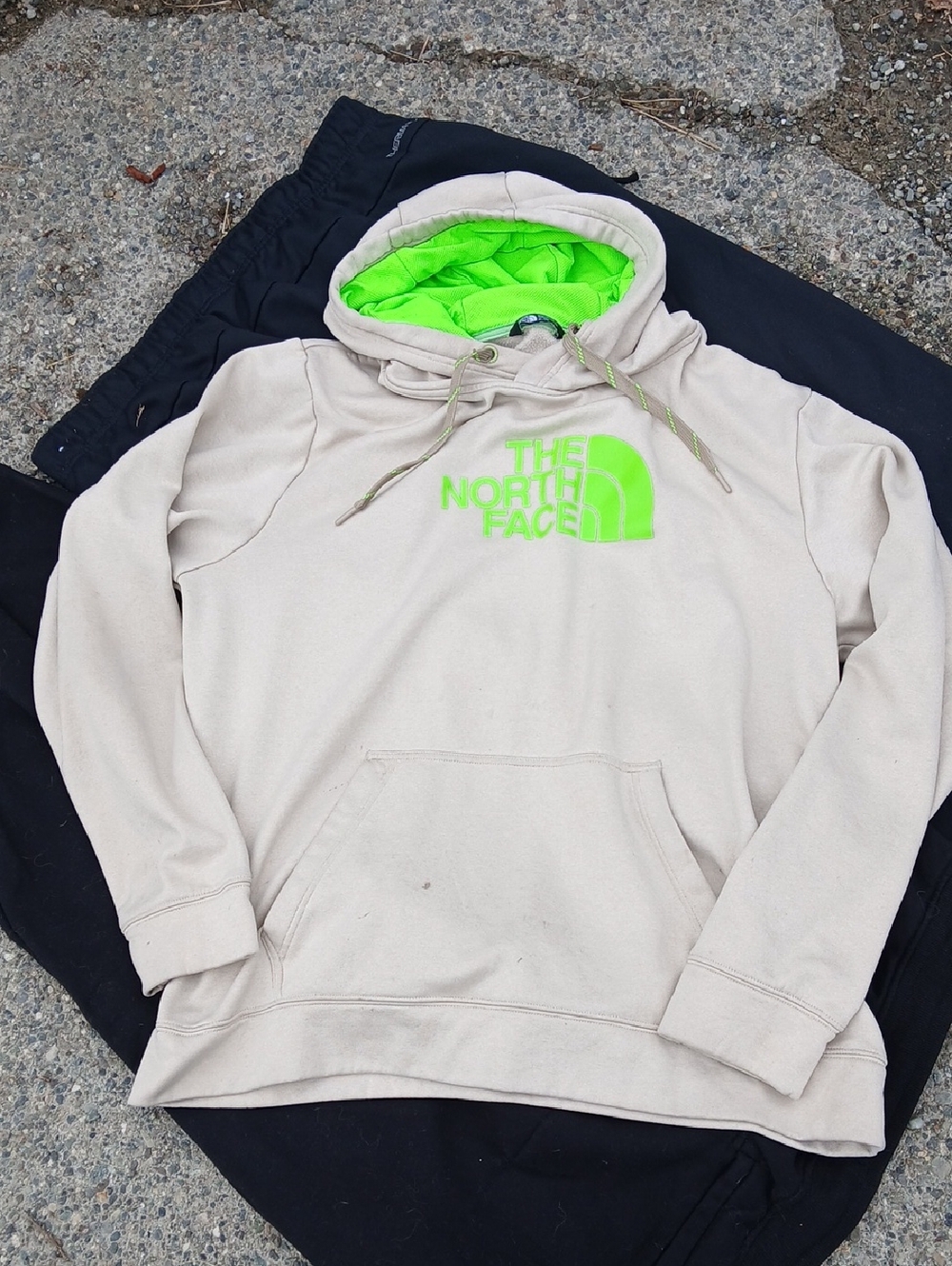 The North Face Beige Crewneck Sweatshirt with Neon Green Logo XL